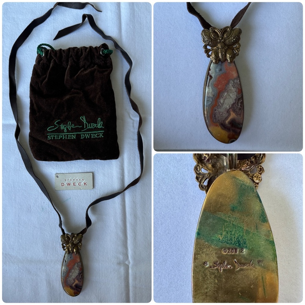 Stephen Dweck Vintage Bronze Butterfly Boulder Opal Pendant Leather Tie Necklace